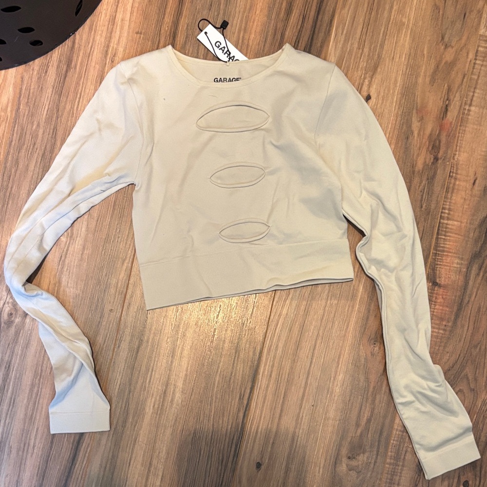 Garage Beige Cut-Out Long Sleeve Crop Top